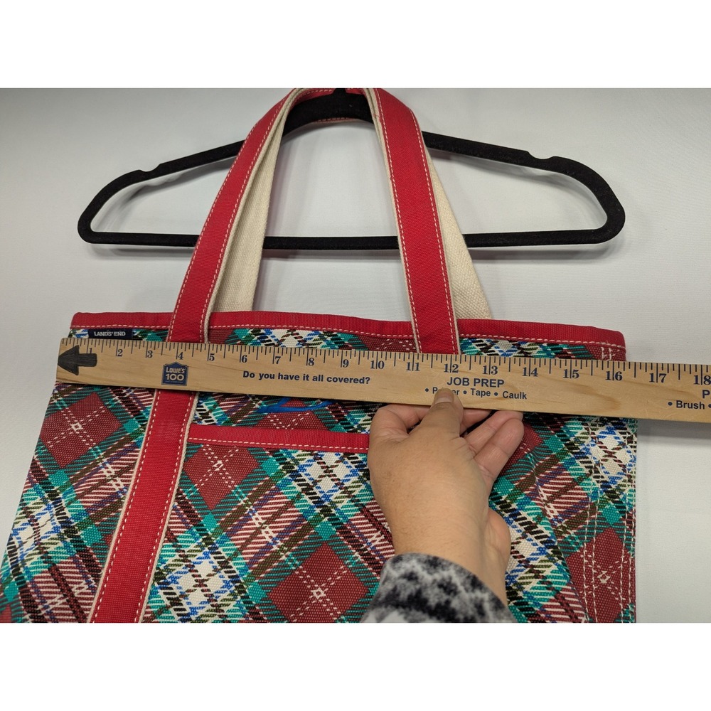 Lands End Red Plaid‎ Canvas Zipper Top Tote Bag Monogram JD Blue - Picture 4 of 10